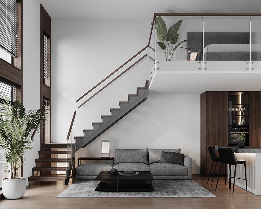 Stilfullt kontor med skrivebord under trapp