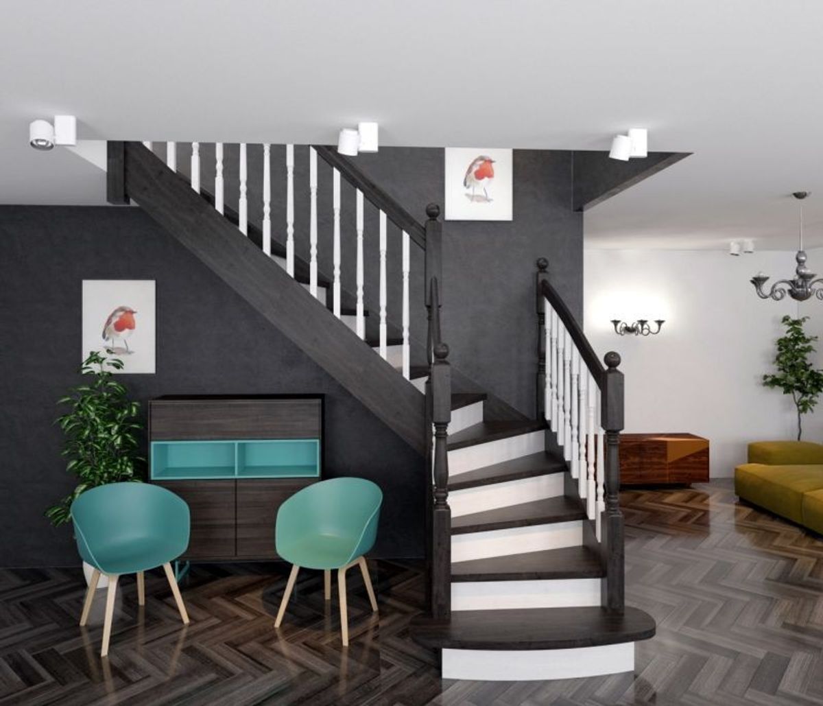 Matt svart trapp i tømmerhus